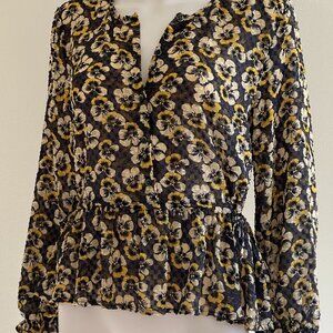Madewell Sheer Flocked Navy Blue & Yellow Pansy Flower Ruffled Blouse Top, L